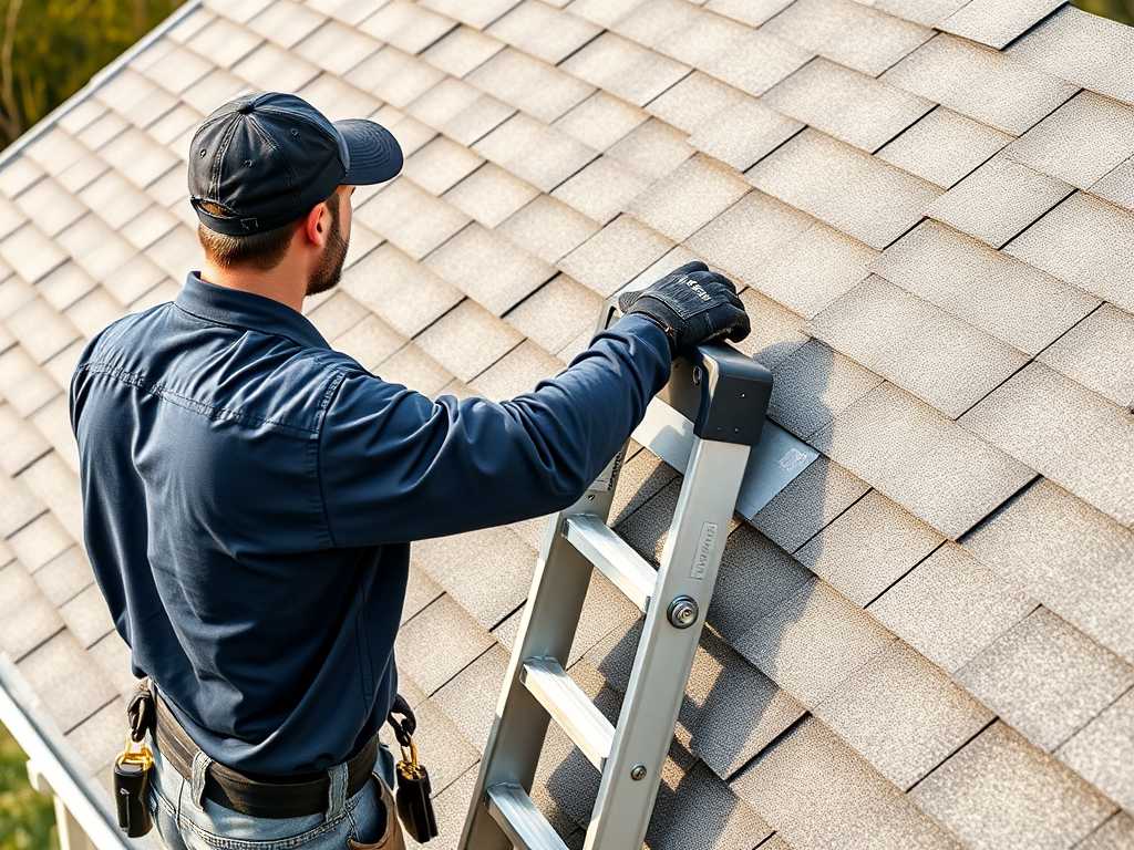 Roofer working beside a ladder